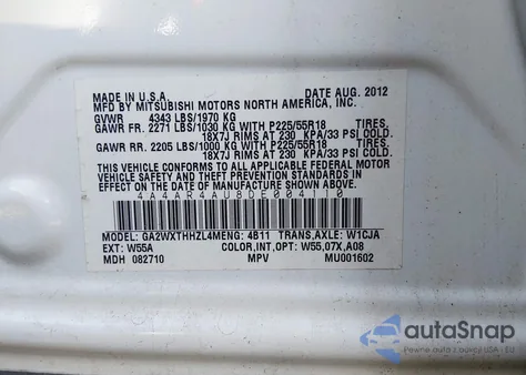 2013 Mitsubishi Outlander Sport Se z USA, uszkodzony, nr VIN 4A4AR4AU8DE004110